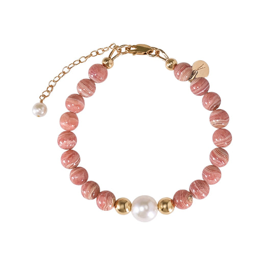 Rhodochrosite, pearl and initial gold bracelet featuring natural pink gemstone beads, lustrous freshwater pearls and a personalised gold-filled stamped initial disc.