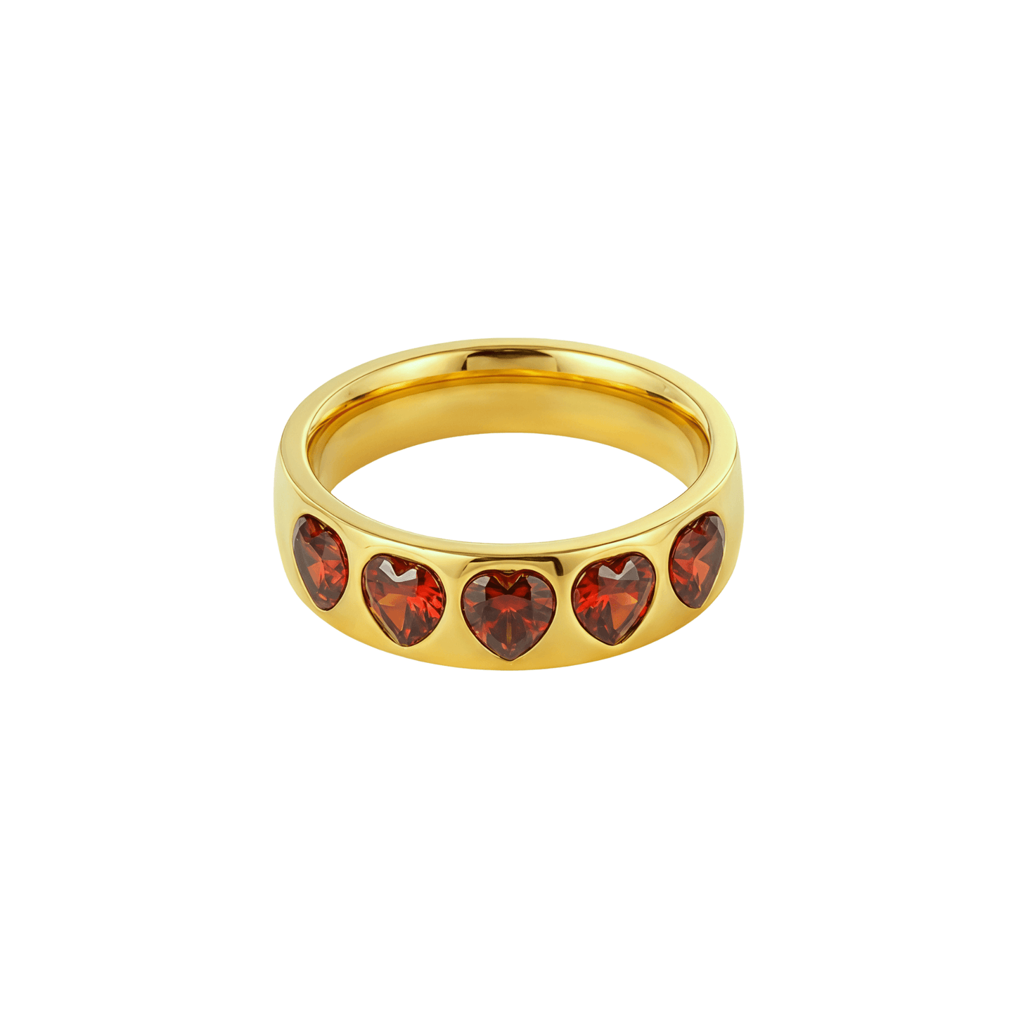 Gold ring with ruby-red heart-shaped zircon stones in a continuous band, waterproof jewellery by MXW.