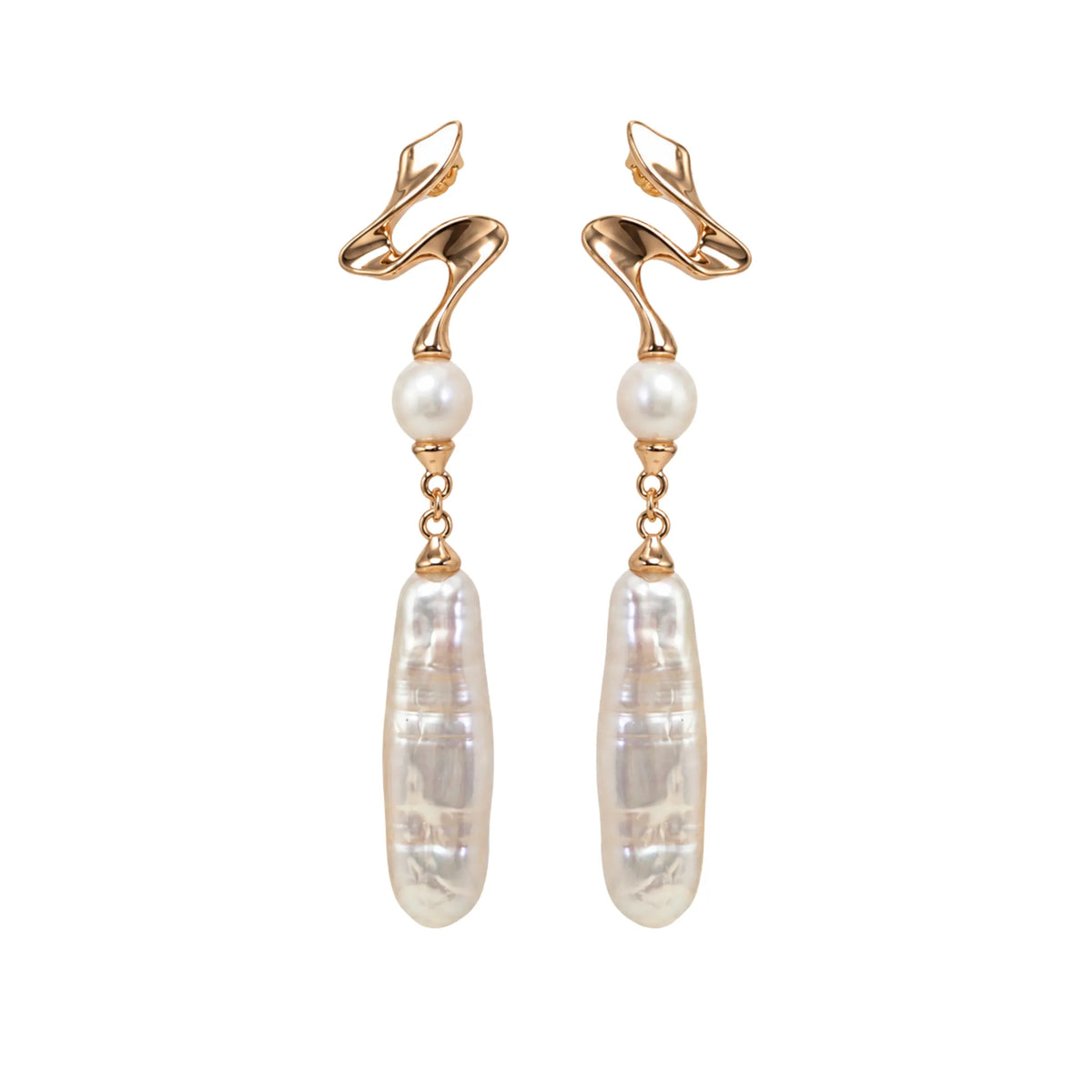 MXW gold vermeil drop earrings with a sculpted wave stud, a round freshwater pearl and a long baroque pearl drop.