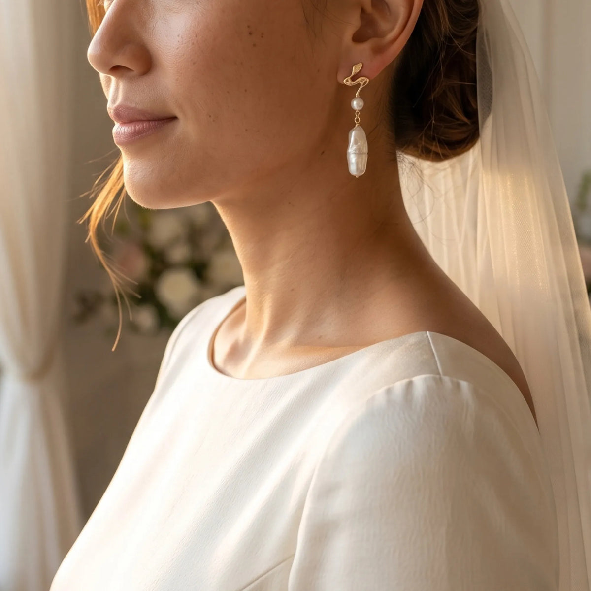 MXW gold vermeil drop earrings with a sculpted wave stud, a round freshwater pearl and a long baroque pearl drop.