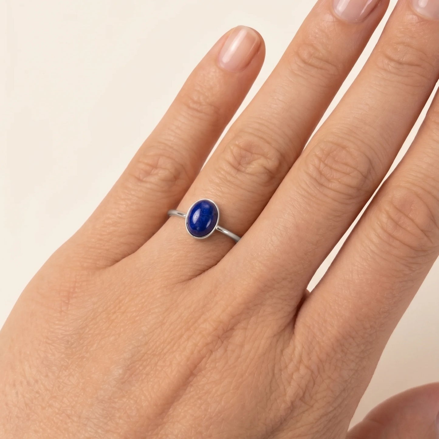 MXW natural oval lapis lazuli September birthstone stacking ring in 925 sterling silver metal