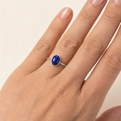 MXW natural oval lapis lazuli September birthstone stacking ring in 925 sterling silver metal
