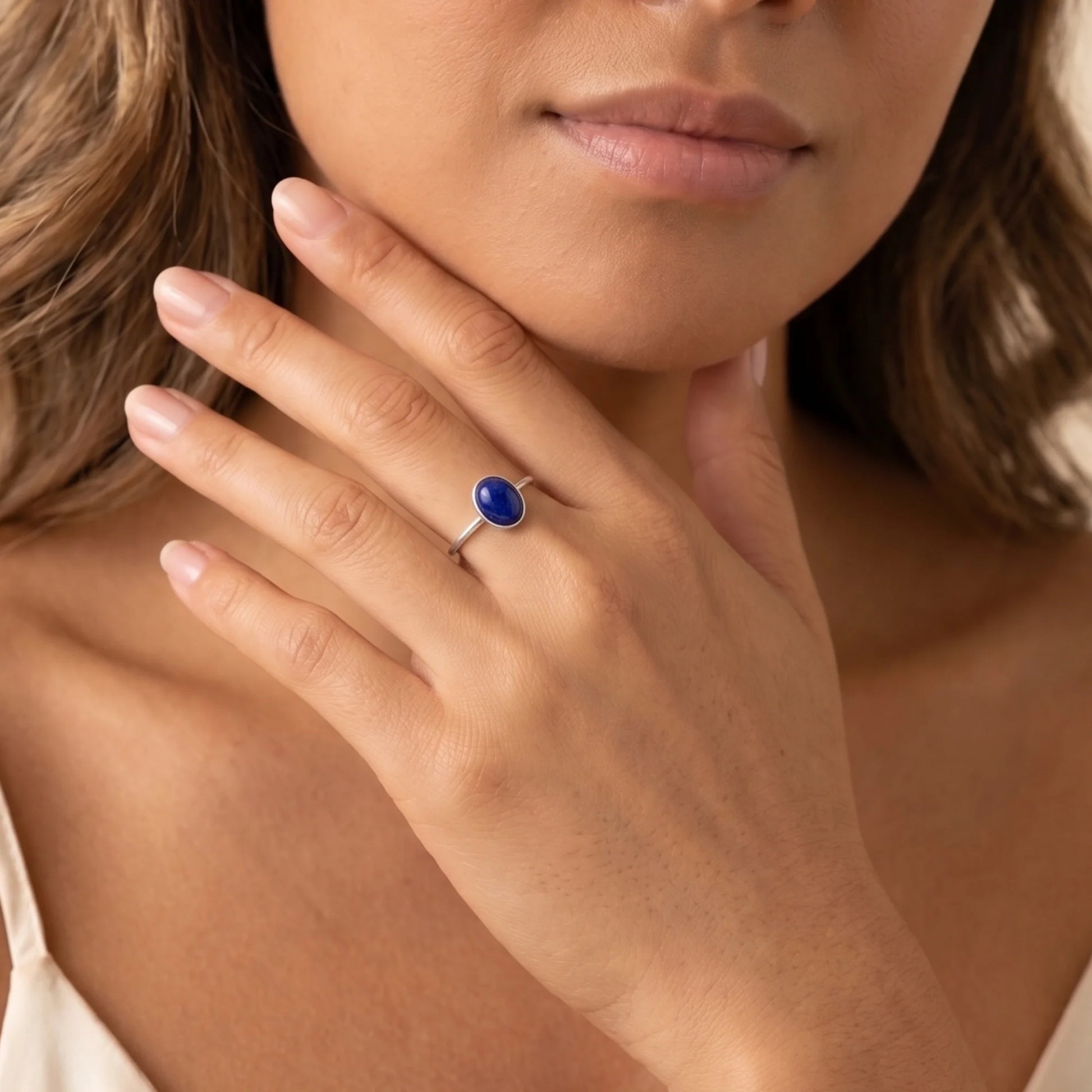MXW natural oval lapis lazuli September birthstone stacking ring in 925 sterling silver metal