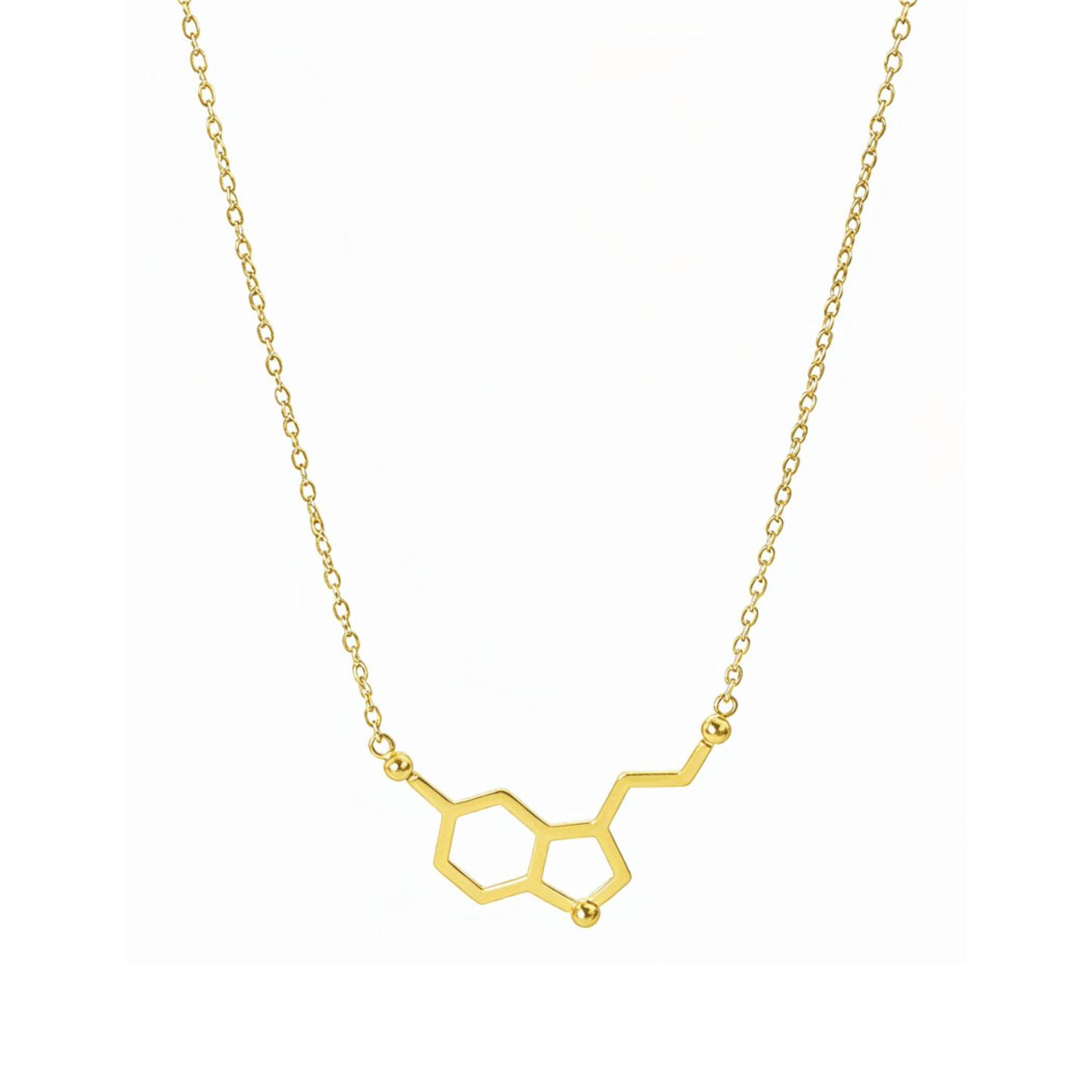 Gold serotonin molecule necklace on a fine chain, minimal jewellery