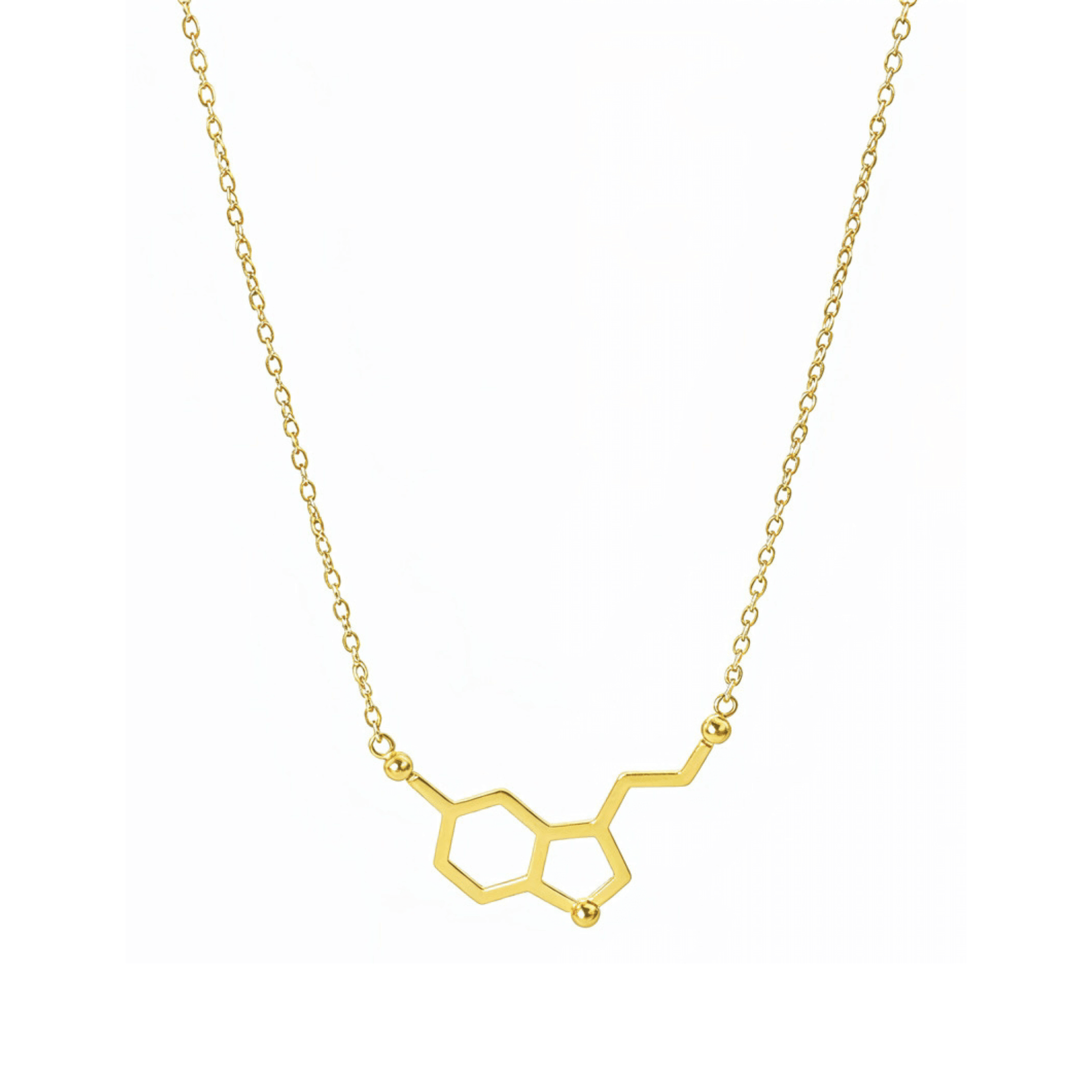 Gold serotonin molecule necklace on a fine chain, minimal jewellery