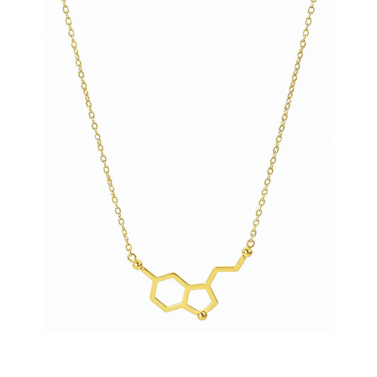 Gold serotonin molecule necklace on a fine chain, minimal jewellery