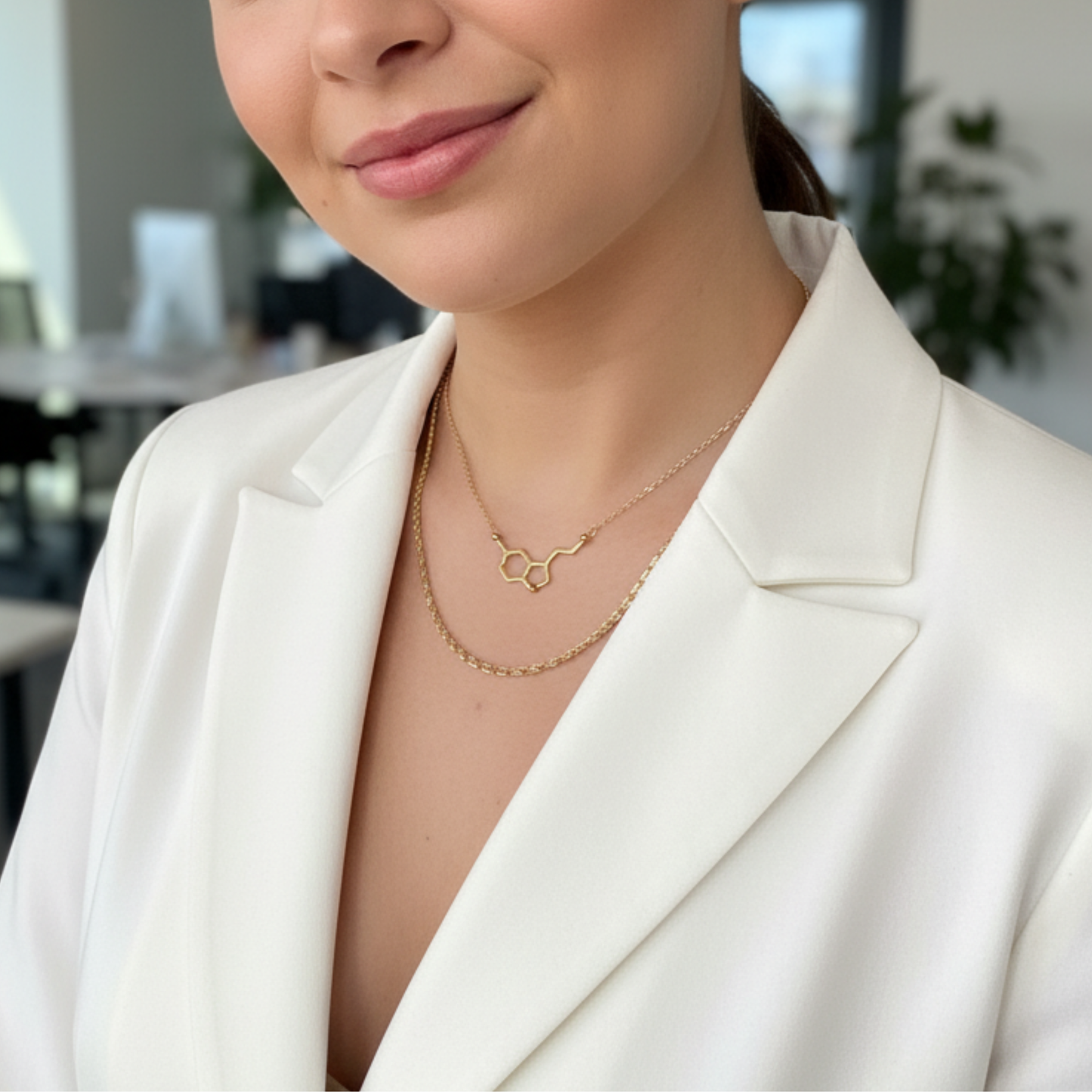 Gold serotonin molecule necklace on a fine chain, minimal jewellery