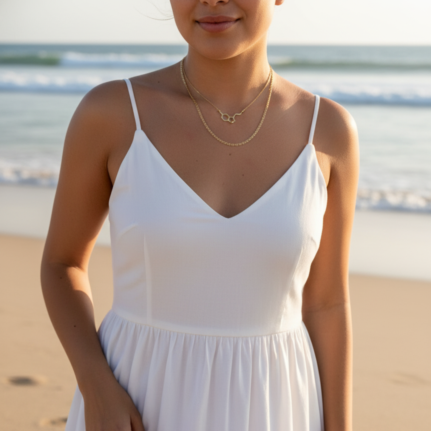 Gold serotonin molecule necklace on a fine chain, minimal jewellery