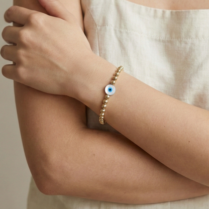 Evil eye shell gold bead bracelet – handmade in AU – MXW Jewellery