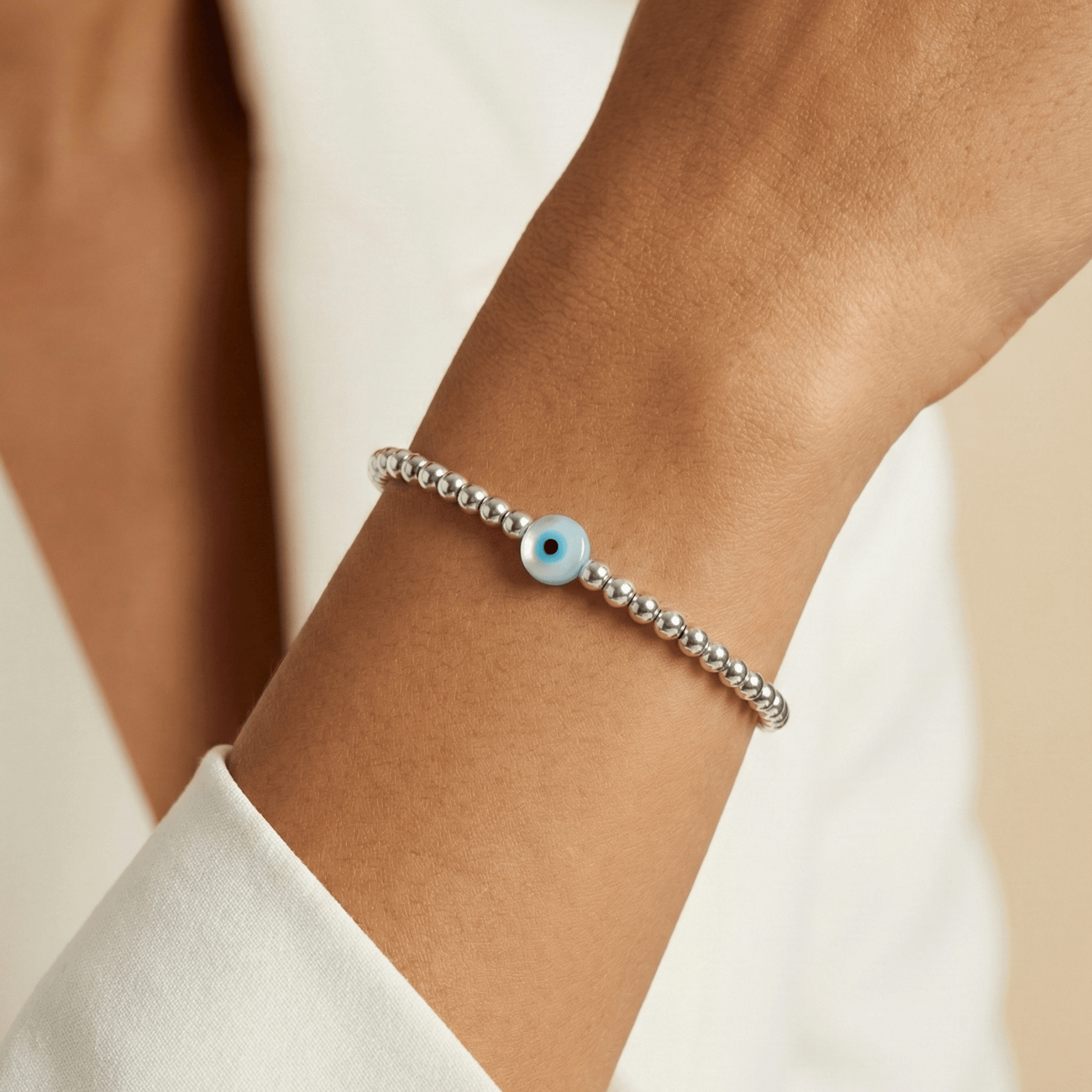 Shell evil eye sterling silver bead bracelet – handmade in AU – MXW Jewellery