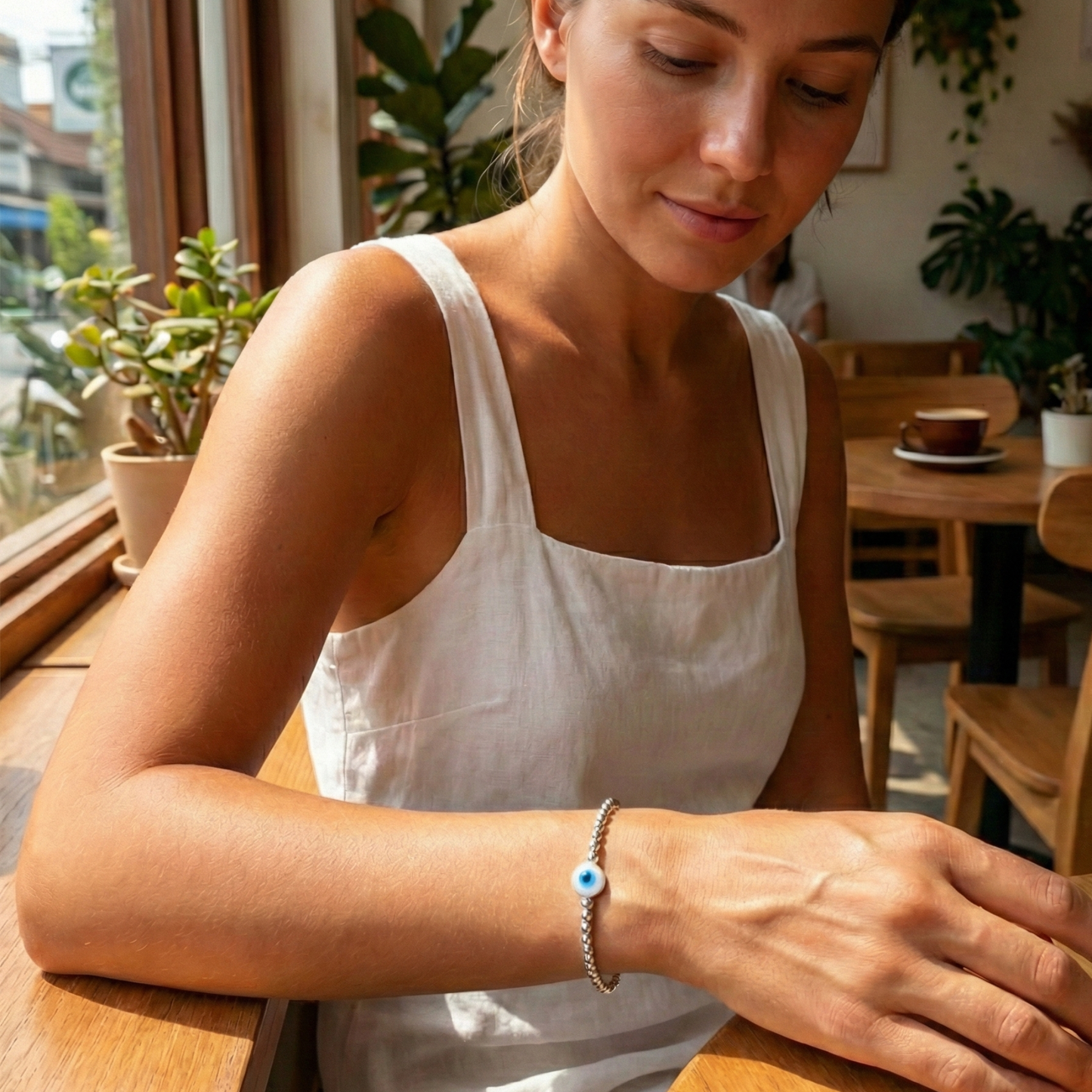 Shell evil eye sterling silver bead bracelet – handmade in AU – MXW Jewellery