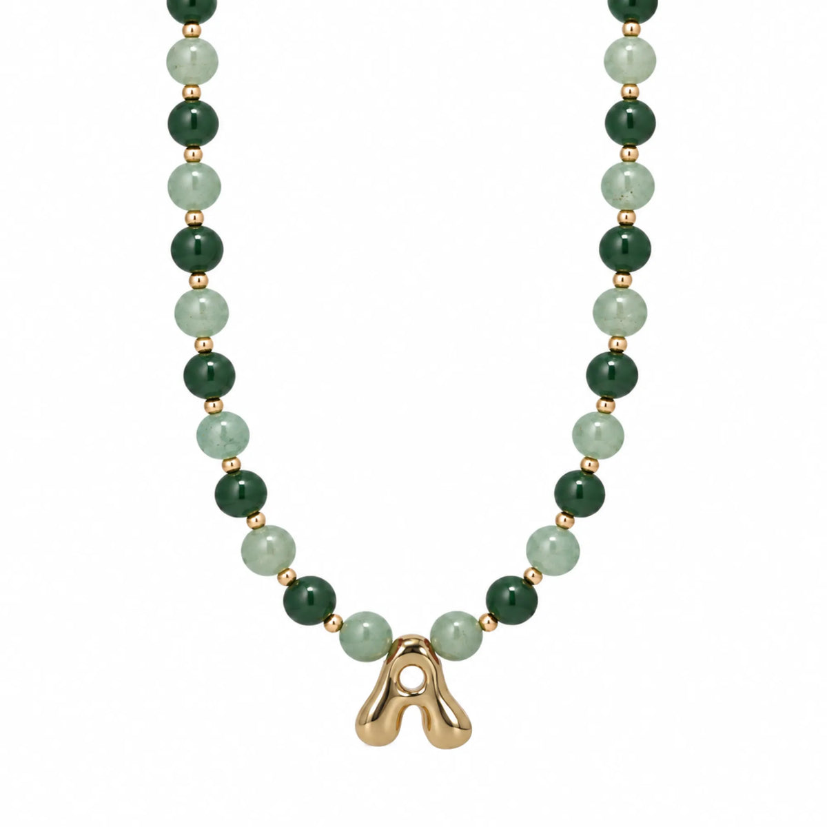 14K gold filled initial necklace with alternating nephrite jade and green aventurine beads and a bubble letter pendant