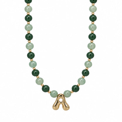14K gold filled initial necklace with alternating nephrite jade and green aventurine beads and a bubble letter pendant