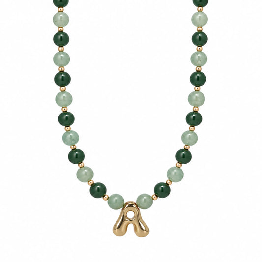 14K gold filled initial necklace with alternating nephrite jade and green aventurine beads and a bubble letter pendant