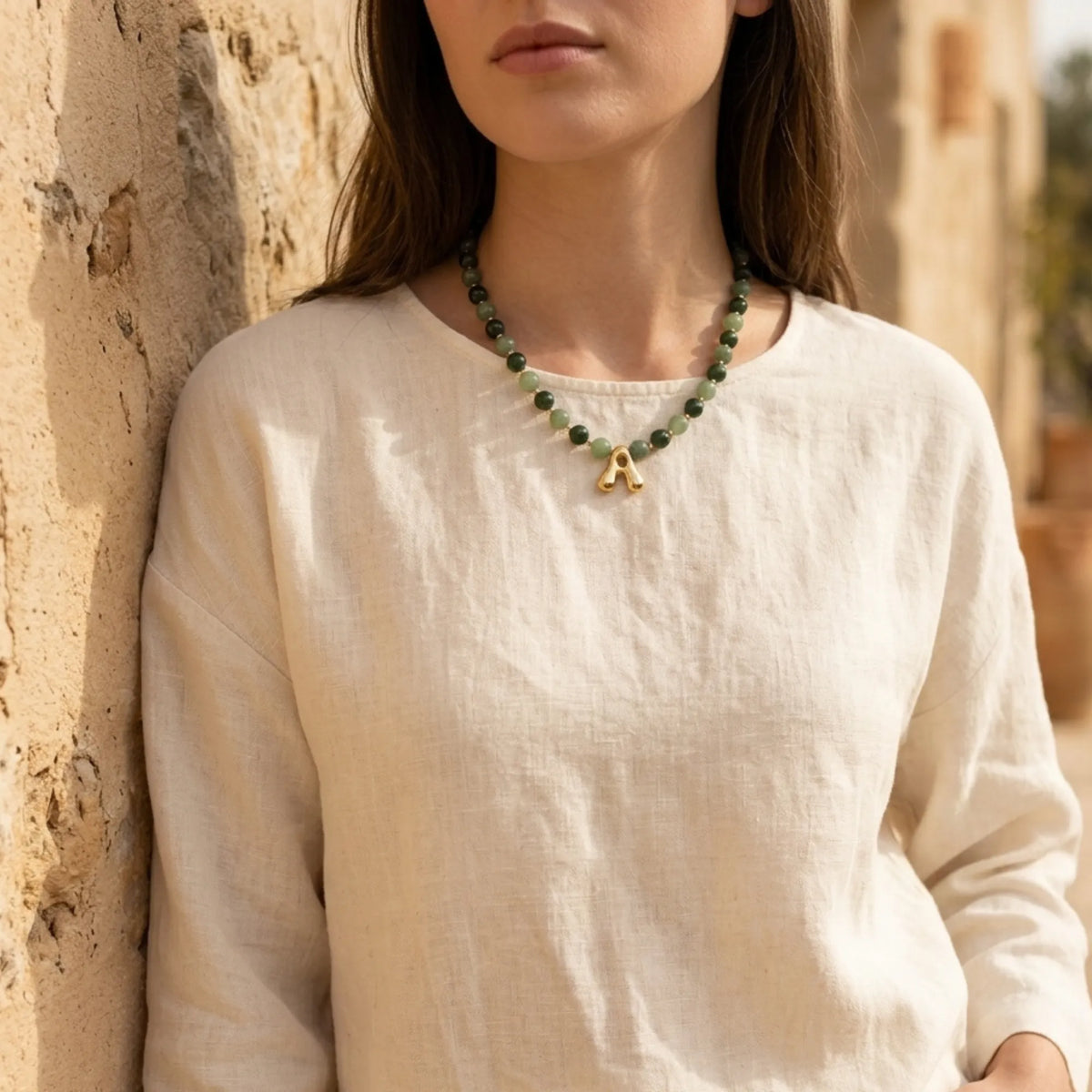 14K gold filled initial necklace with alternating nephrite jade and green aventurine beads and a bubble letter pendant