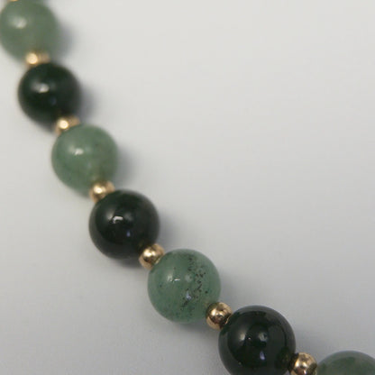 14K gold filled initial necklace with alternating nephrite jade and green aventurine beads and a bubble letter pendant
