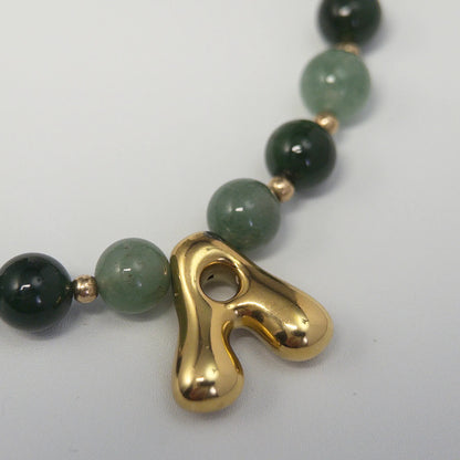 14K gold filled initial necklace with alternating nephrite jade and green aventurine beads and a bubble letter pendant