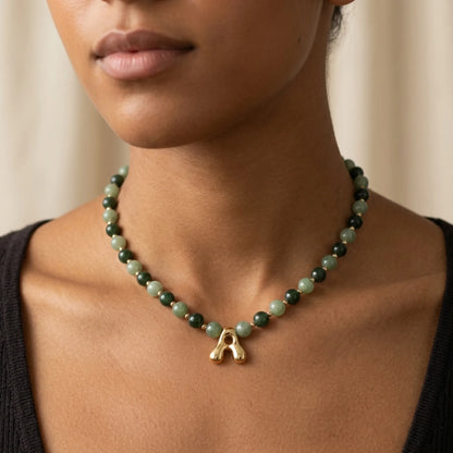 14K gold filled initial necklace with alternating nephrite jade and green aventurine beads and a bubble letter pendant