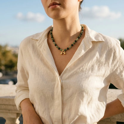 14K gold filled initial necklace with alternating nephrite jade and green aventurine beads and a bubble letter pendant