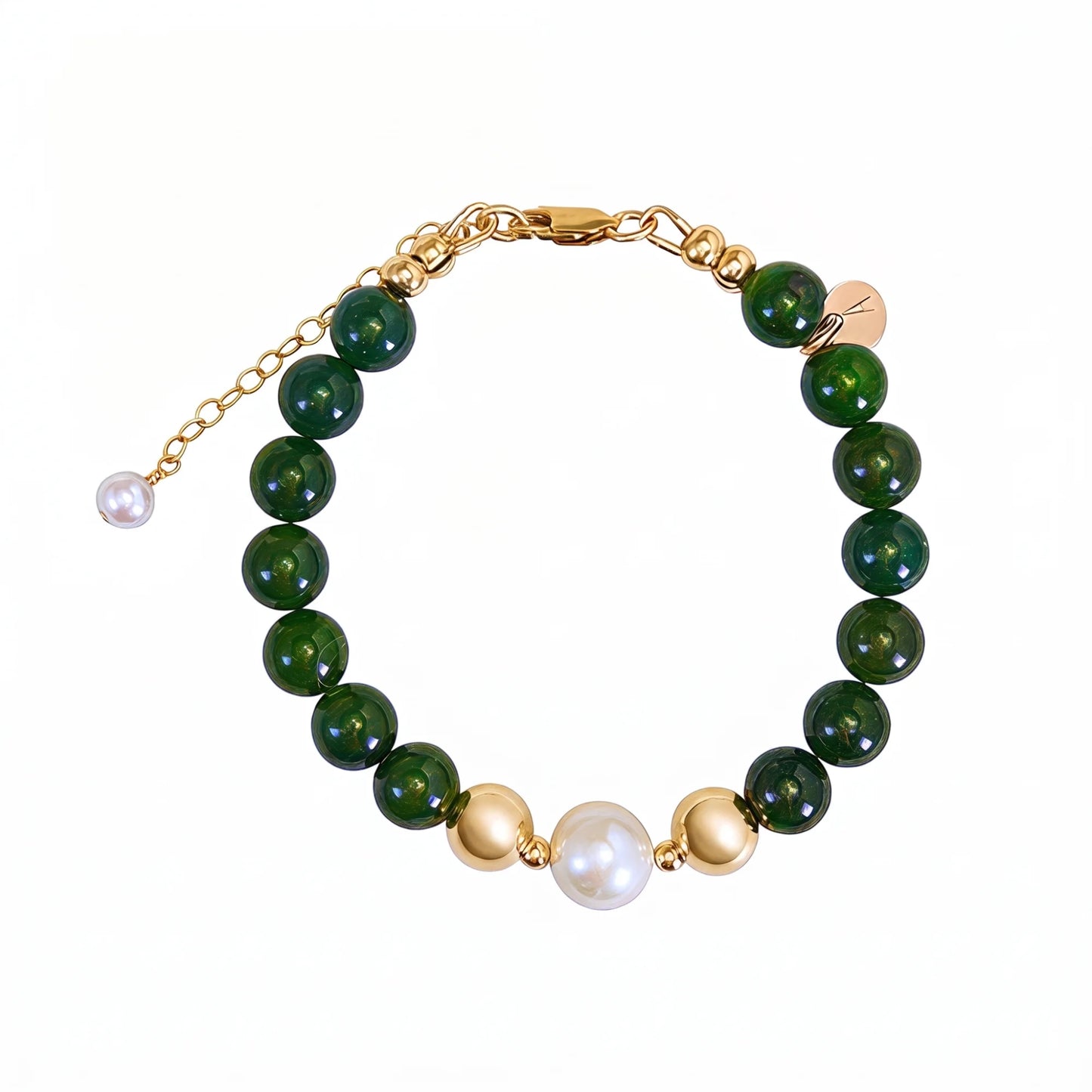 Siberian nephrite jade, pearl and initial bracelet featuring deep green gemstone beads, lustrous freshwater pearls and a personalised stamped 14K gold-filled initial disc.