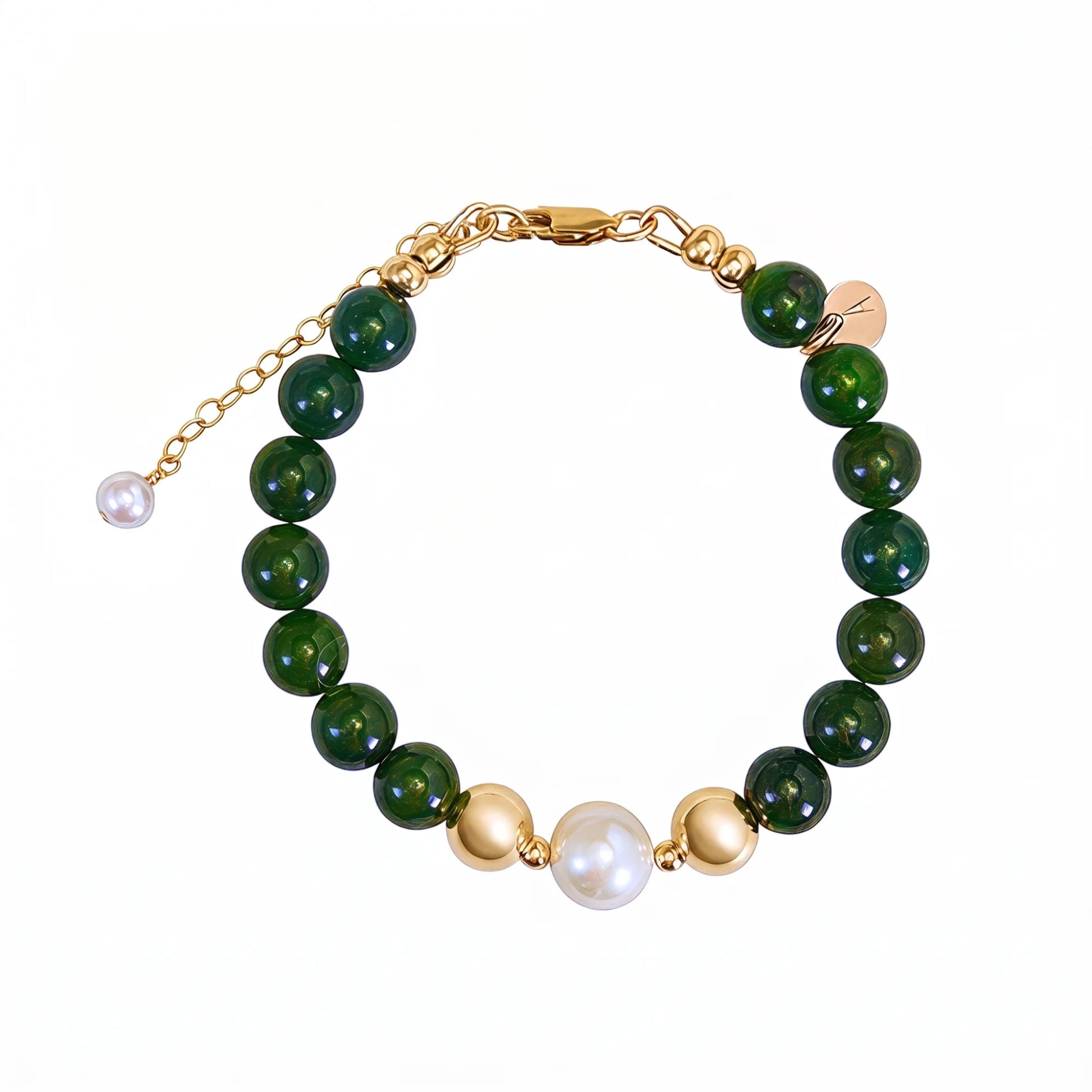 Siberian nephrite jade, pearl and initial bracelet featuring deep green gemstone beads, lustrous freshwater pearls and a personalised stamped 14K gold-filled initial disc.