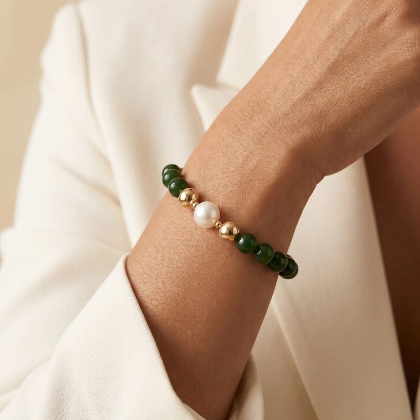 Siberian nephrite jade, pearl and initial bracelet featuring deep green gemstone beads, lustrous freshwater pearls and a personalised stamped 14K gold-filled initial disc.