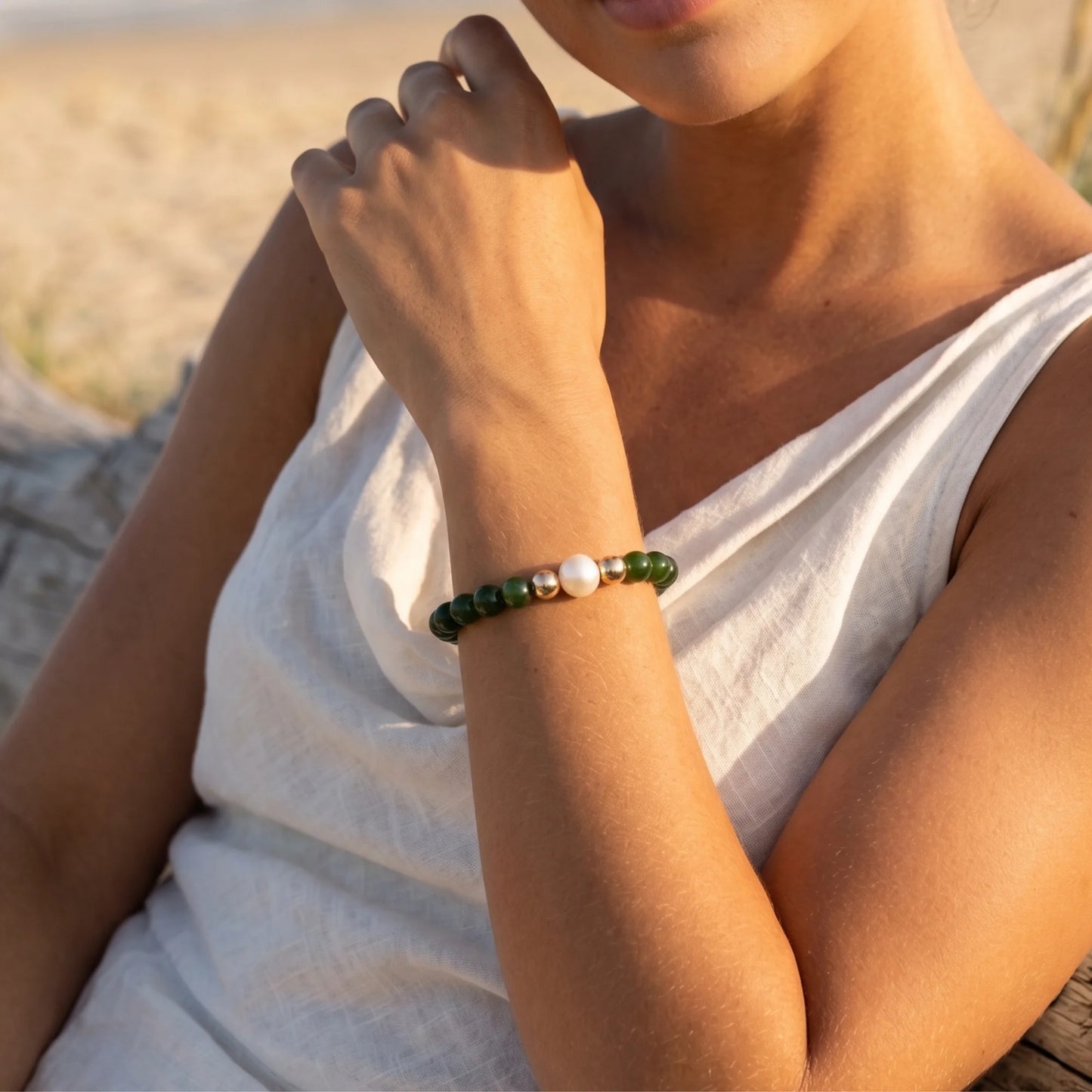 Siberian nephrite jade, pearl and initial bracelet featuring deep green gemstone beads, lustrous freshwater pearls and a personalised stamped 14K gold-filled initial disc.