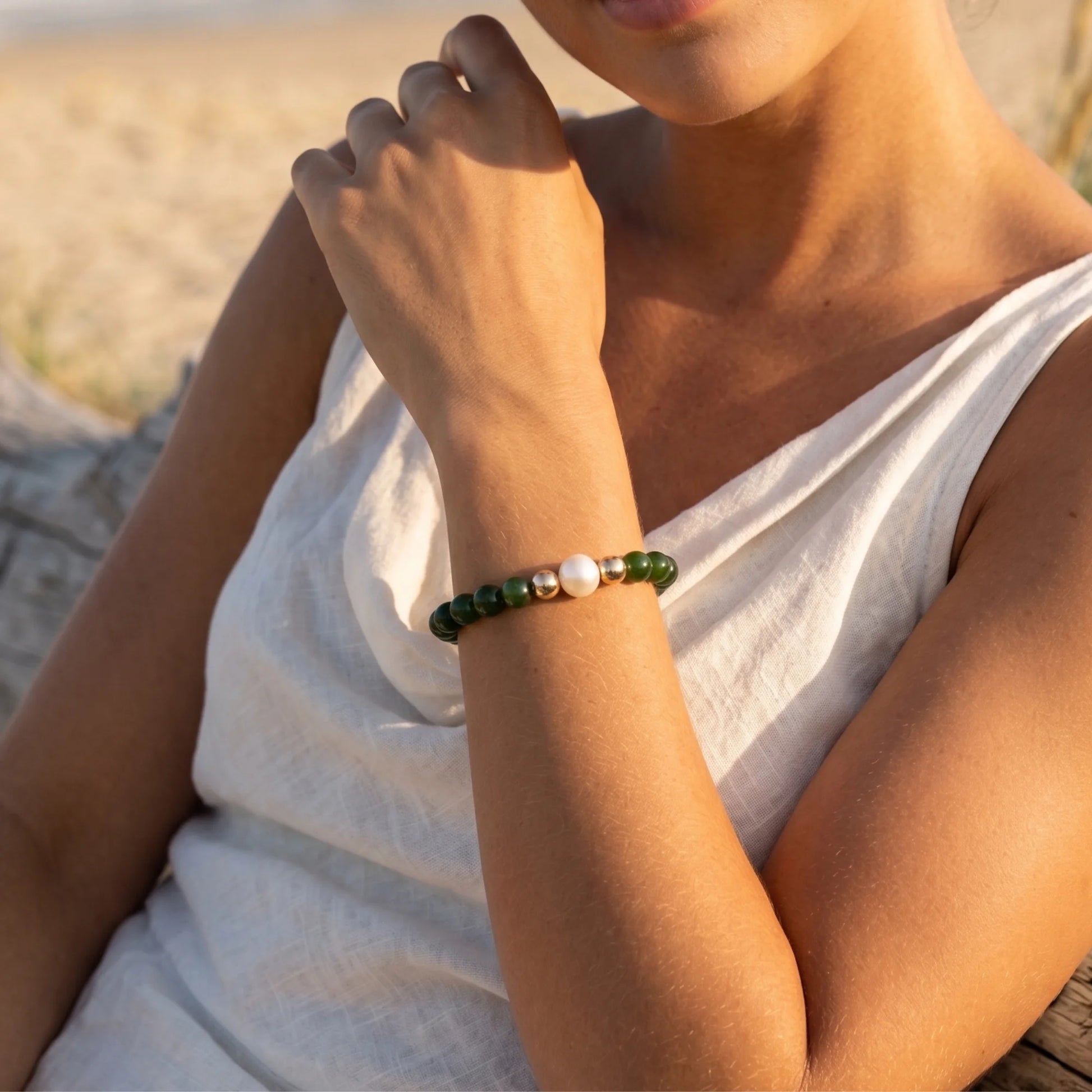 Siberian nephrite jade, pearl and initial bracelet featuring deep green gemstone beads, lustrous freshwater pearls and a personalised stamped 14K gold-filled initial disc.