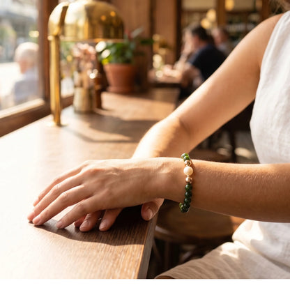 Siberian nephrite jade, pearl and initial bracelet featuring deep green gemstone beads, lustrous freshwater pearls and a personalised stamped 14K gold-filled initial disc.