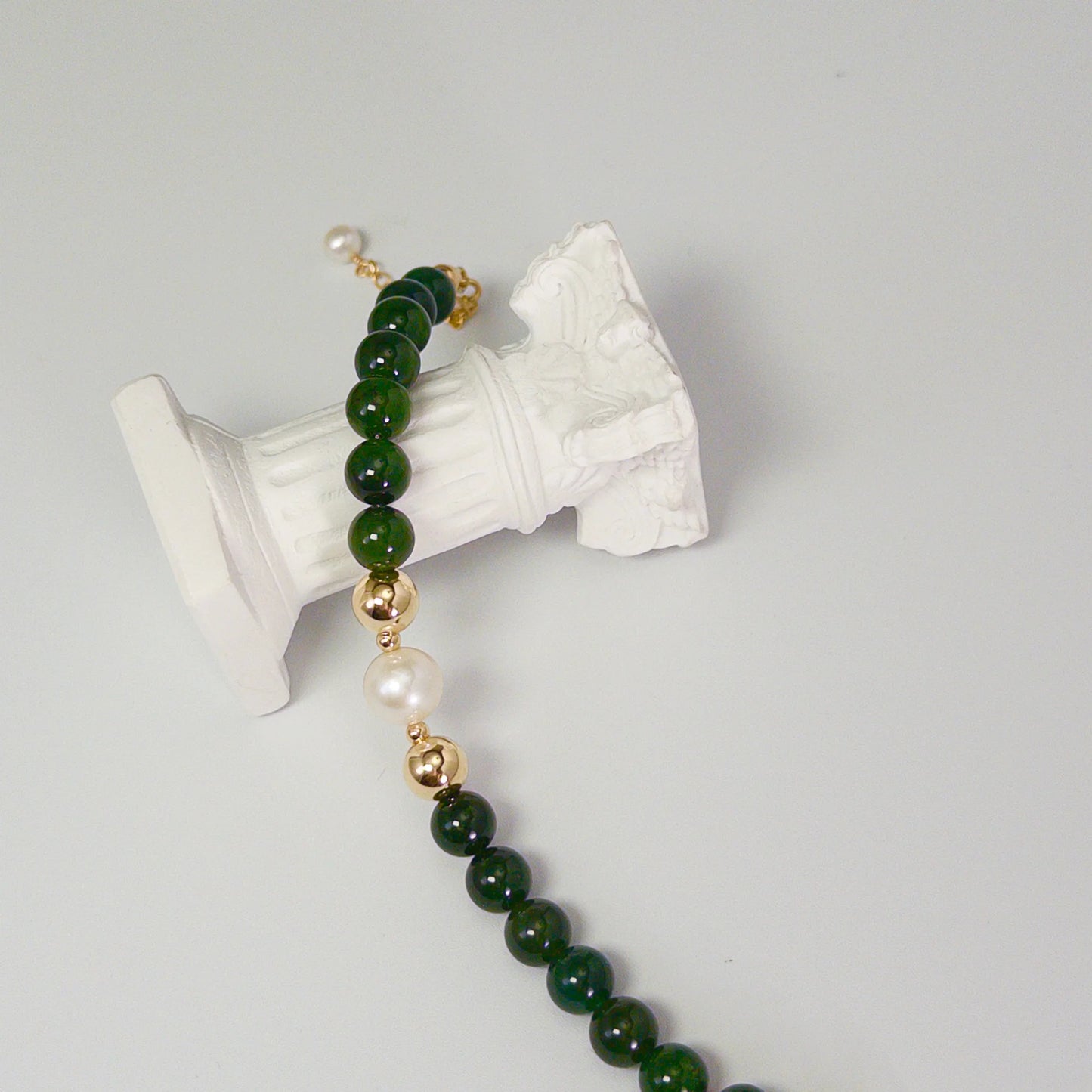 Siberian nephrite jade, pearl and initial bracelet featuring deep green gemstone beads, lustrous freshwater pearls and a personalised stamped 14K gold-filled initial disc.