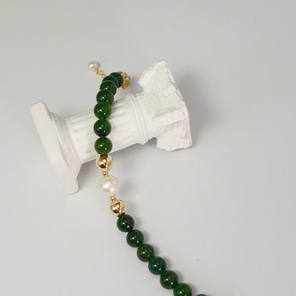 Siberian nephrite jade, pearl and initial bracelet featuring deep green gemstone beads, lustrous freshwater pearls and a personalised stamped 14K gold-filled initial disc.
