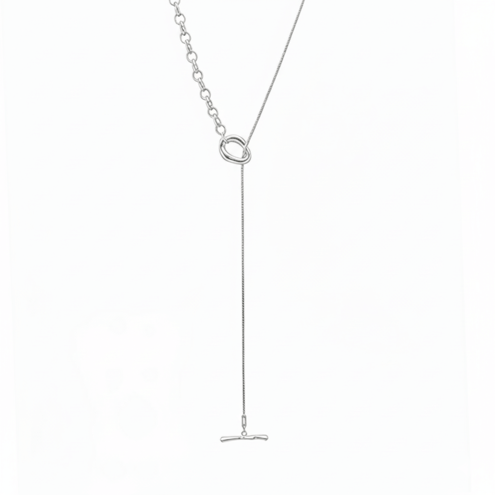 silver asymmetric T-bar lariat necklace with mixed chain design