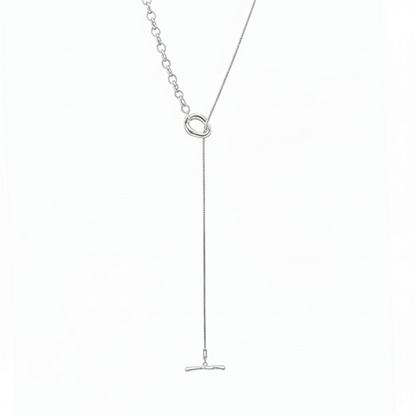 silver asymmetric T-bar lariat necklace with mixed chain design