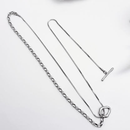 silver asymmetric T-bar lariat necklace with mixed chain design