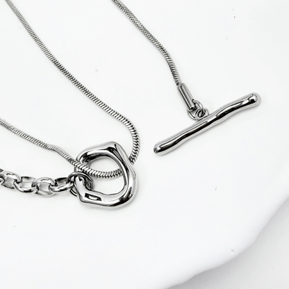 silver asymmetric T-bar lariat necklace with mixed chain design