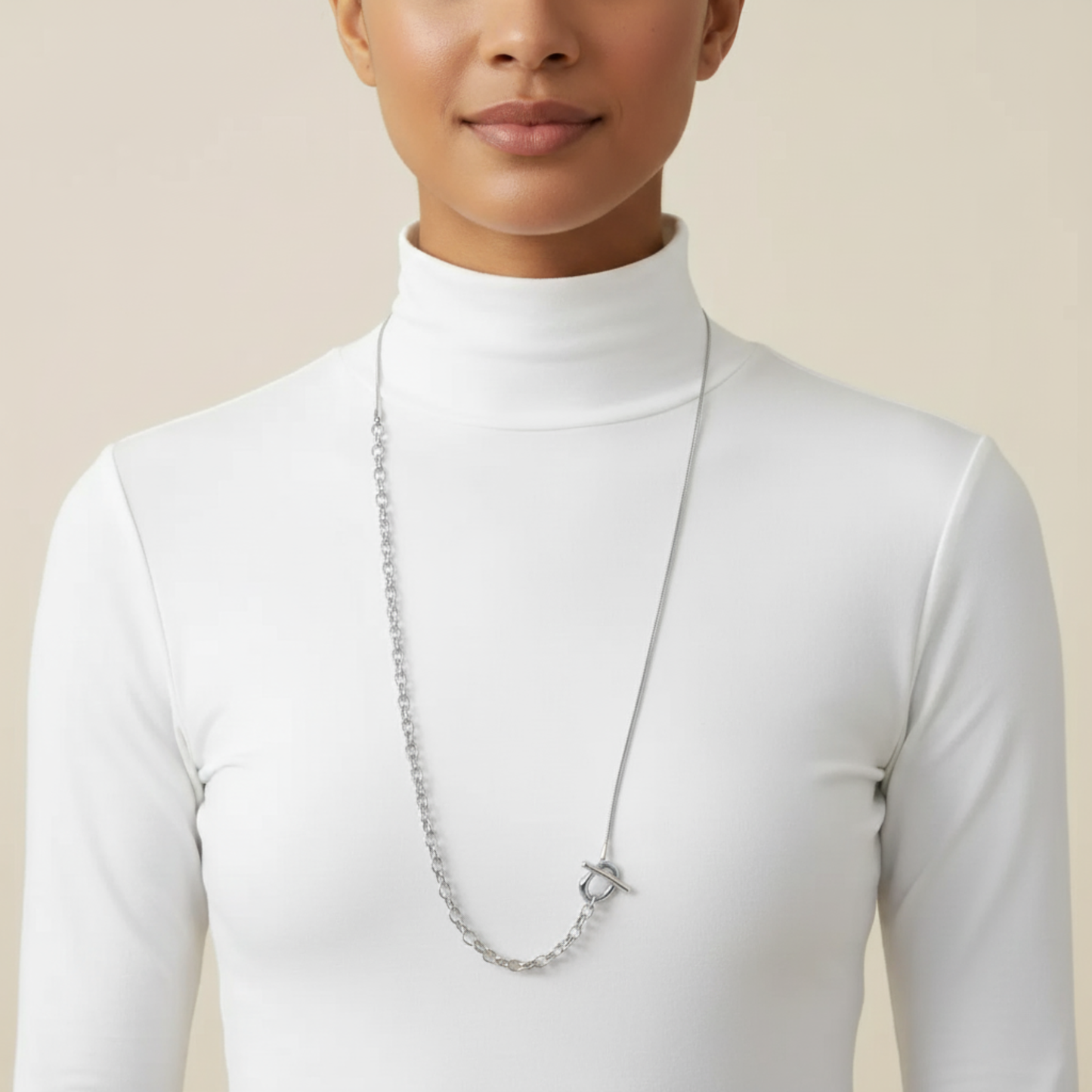 silver asymmetric T-bar lariat necklace with mixed chain design