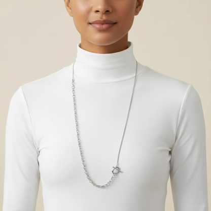silver asymmetric T-bar lariat necklace with mixed chain design