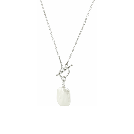Silver baroque pearl toggle necklace with freshwater pearl and modern minimalist design