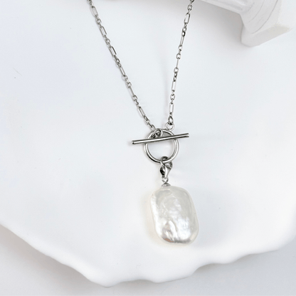Silver baroque pearl toggle necklace with freshwater pearl and modern minimalist design
