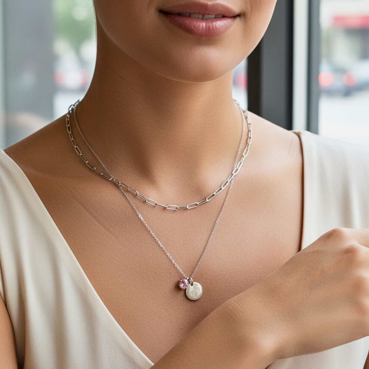 silver birth month necklace with blue crystal and engraved flower pendant