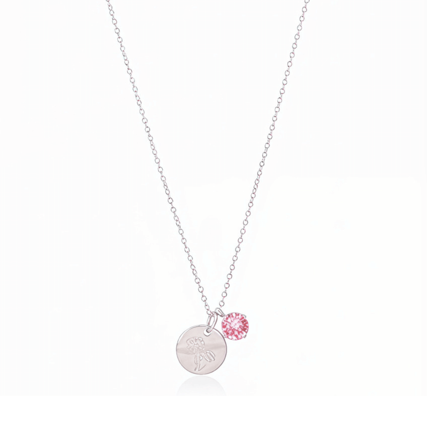 silver birth month necklace with blue crystal and engraved flower pendant