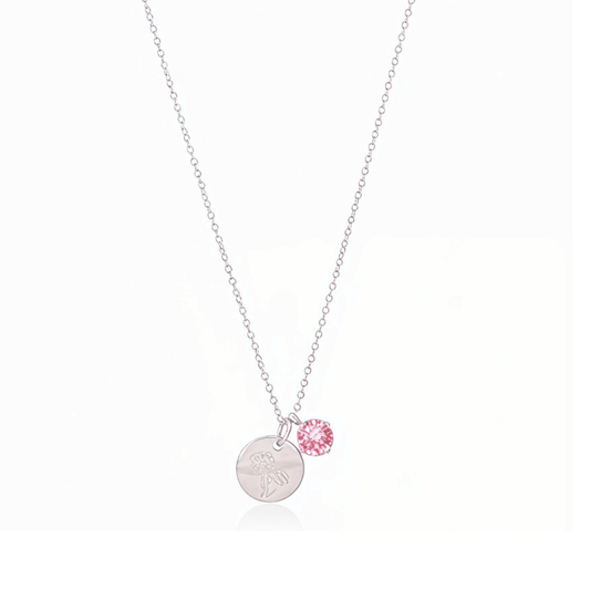 silver birth month necklace with blue crystal and engraved flower pendant