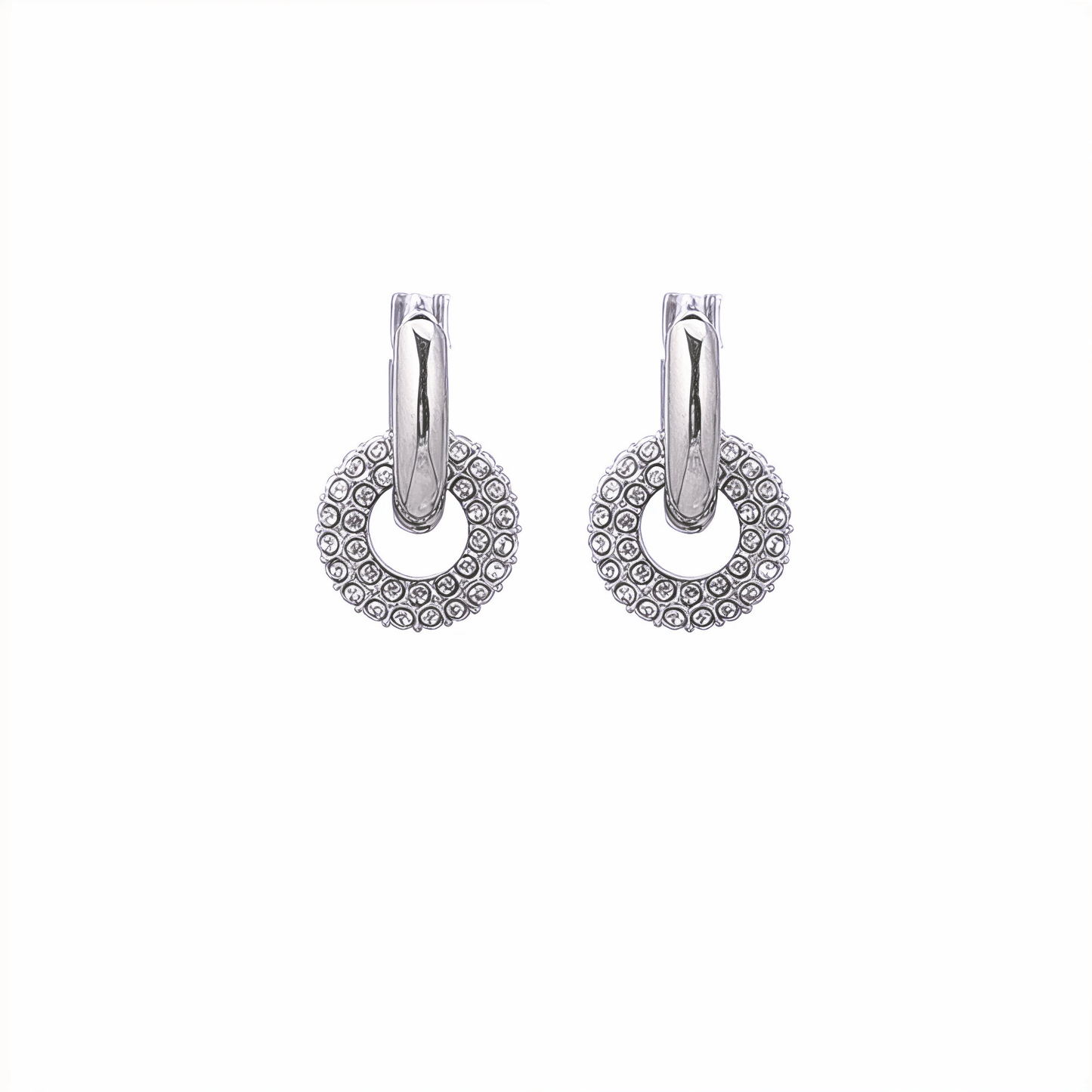 Modern silver hoop earrings with round crystal halo charm