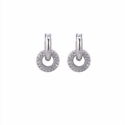 Modern silver hoop earrings with round crystal halo charm