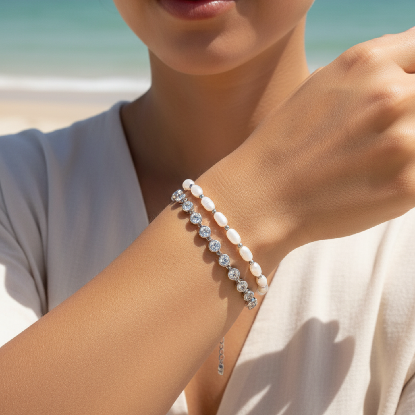 crystal tennis bracelet with bezel-set clear stones.