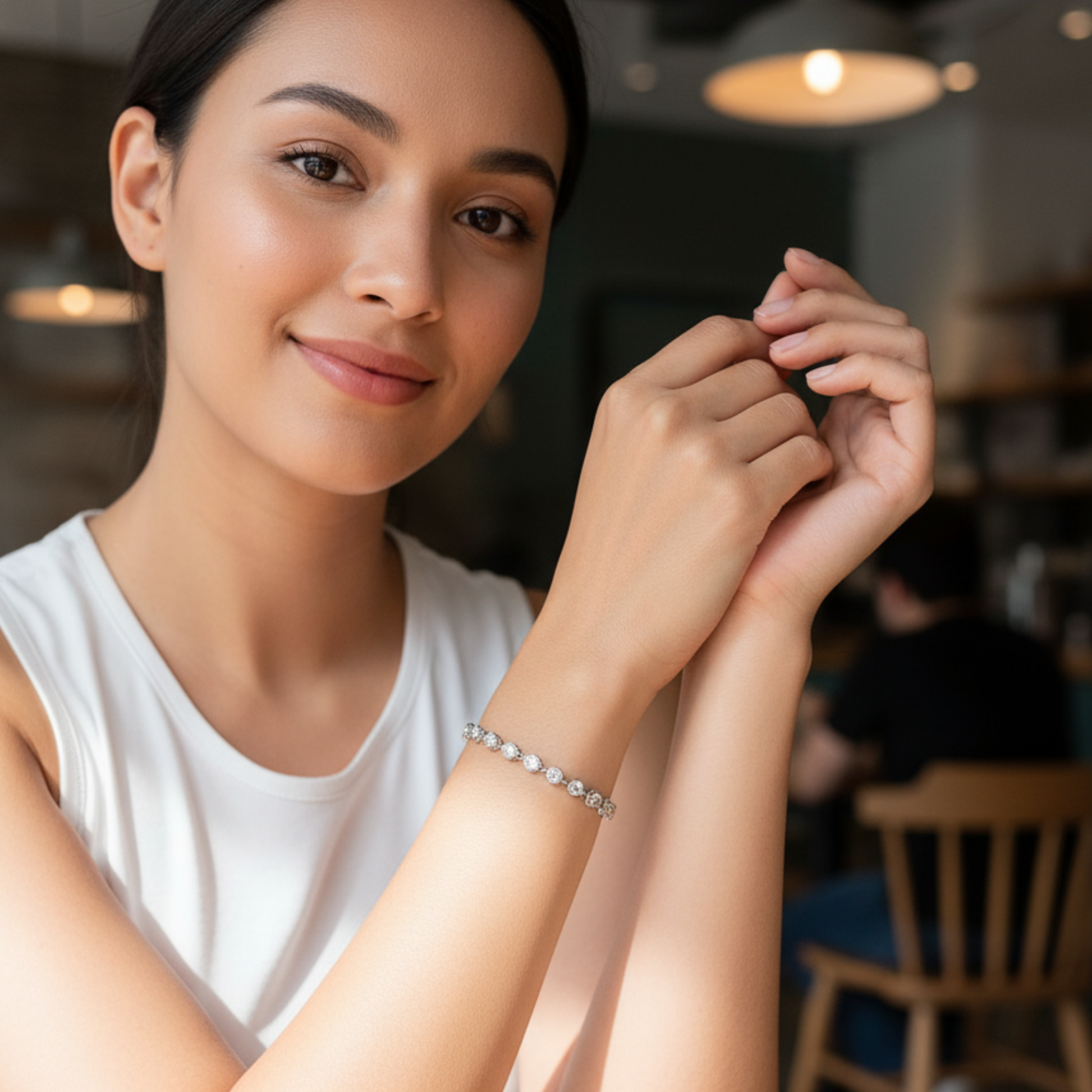 crystal tennis bracelet with bezel-set clear stones.