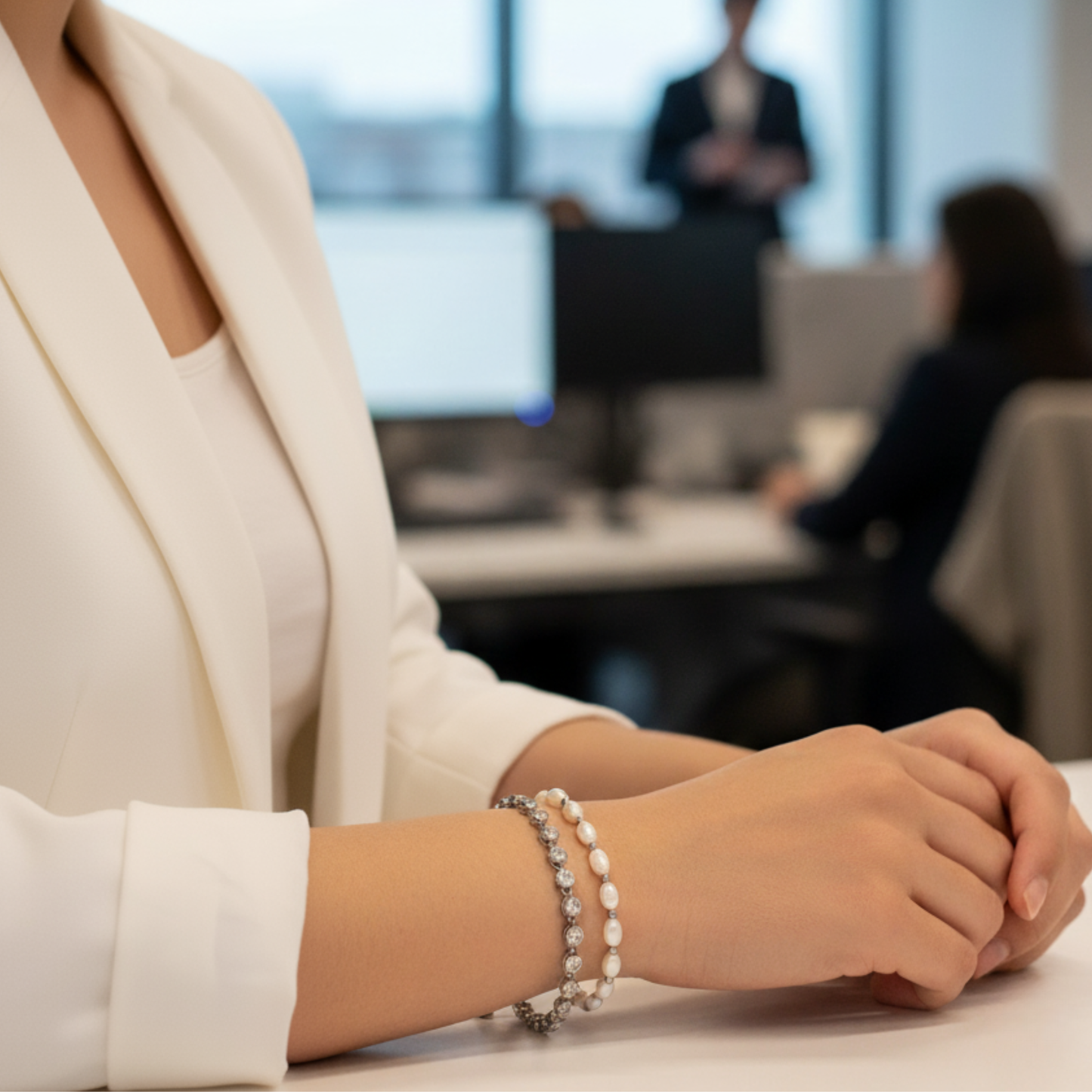 crystal tennis bracelet with bezel-set clear stones.