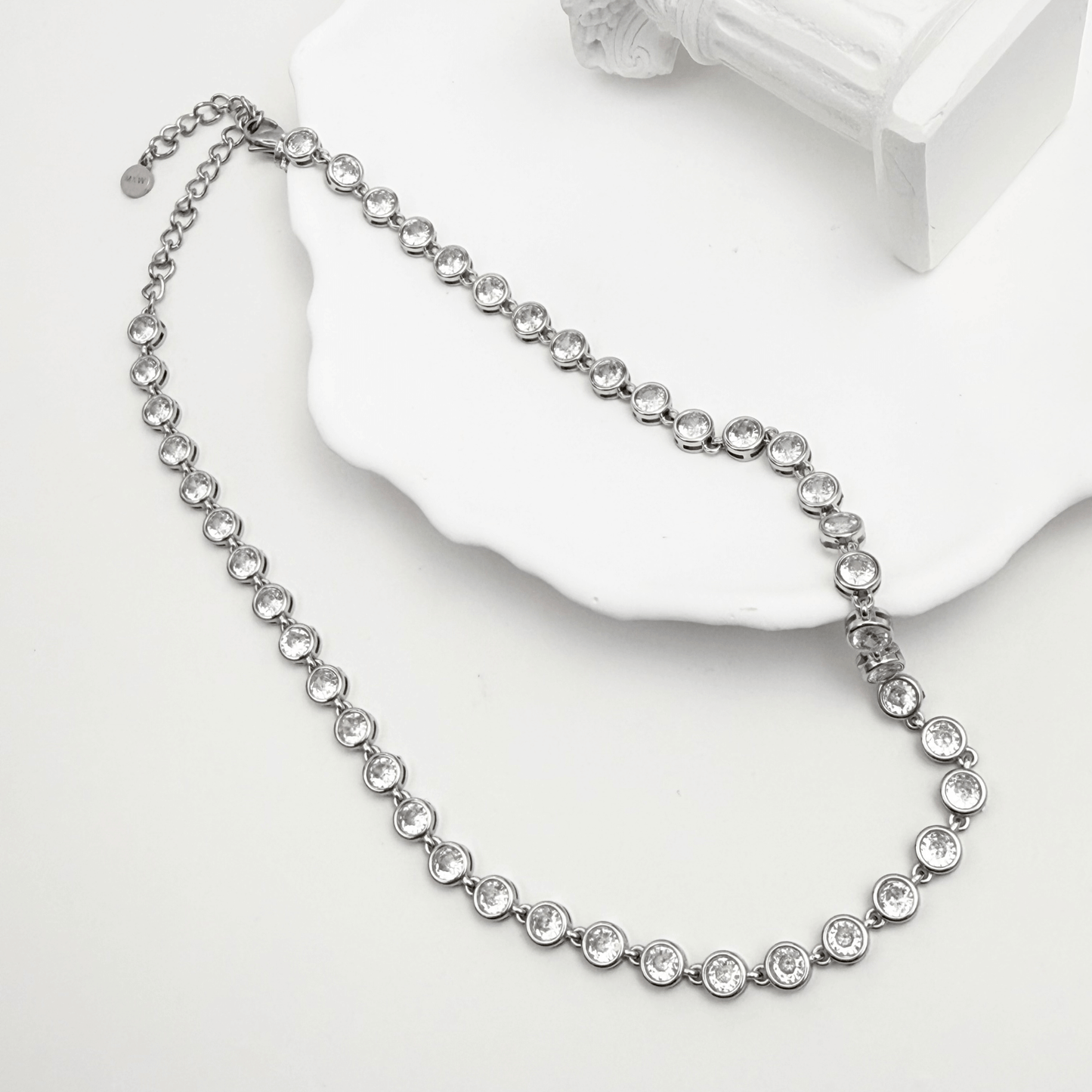 Silver crystal tennis necklace with bezel-set stones