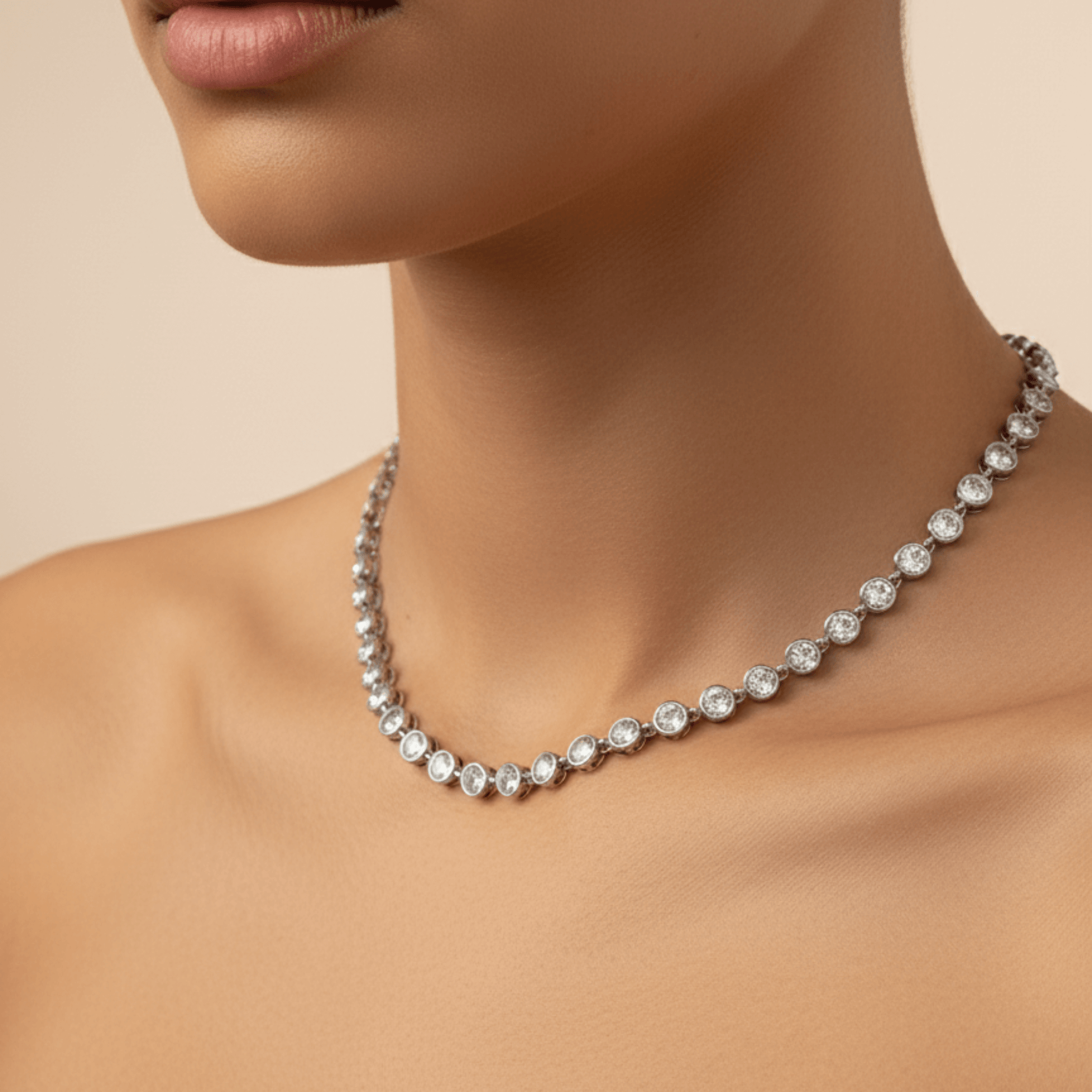 Silver crystal tennis necklace with bezel-set stones