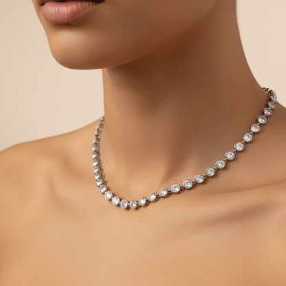 Silver crystal tennis necklace with bezel-set stones